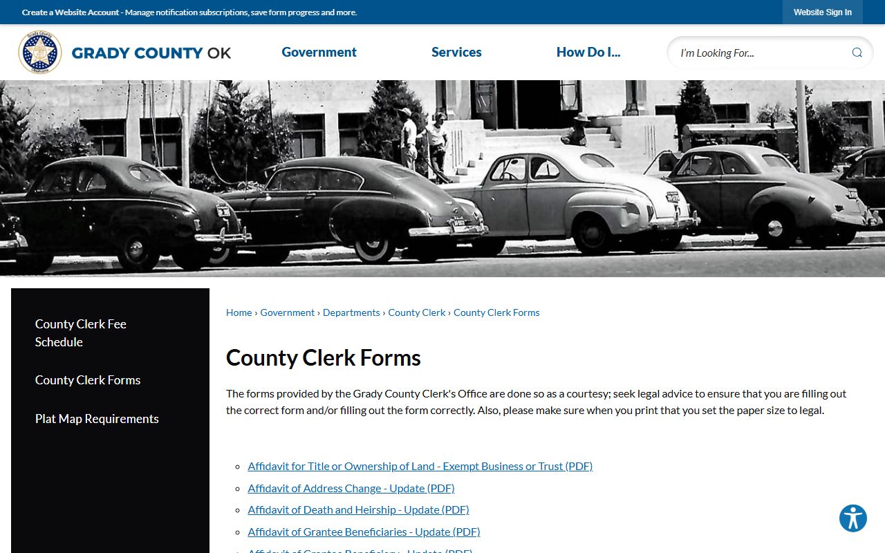 Grady County Clerk forms page for recorded land records