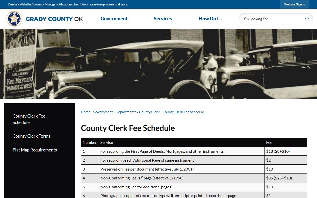 Grady County Clerk fee schedule for records and copies