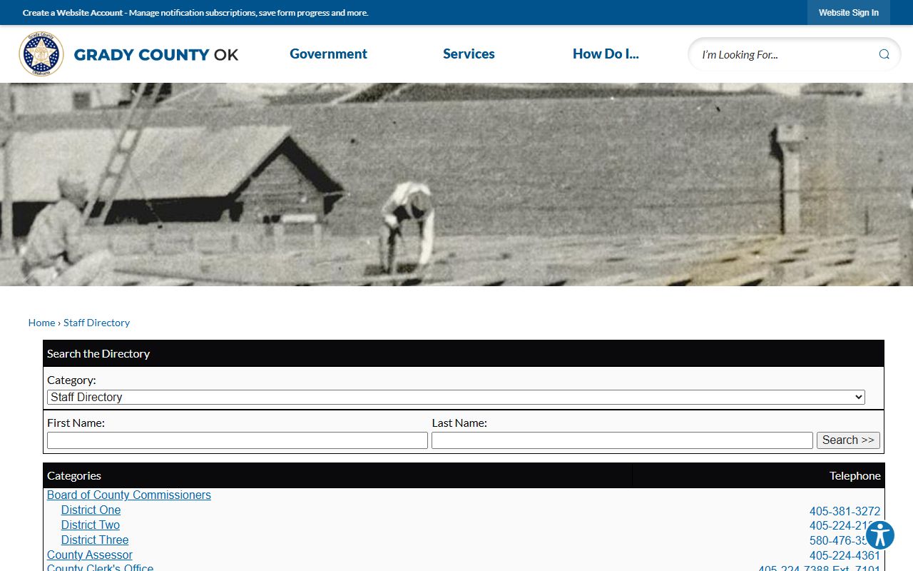 Grady County staff directory with Court Clerk and records phone lines