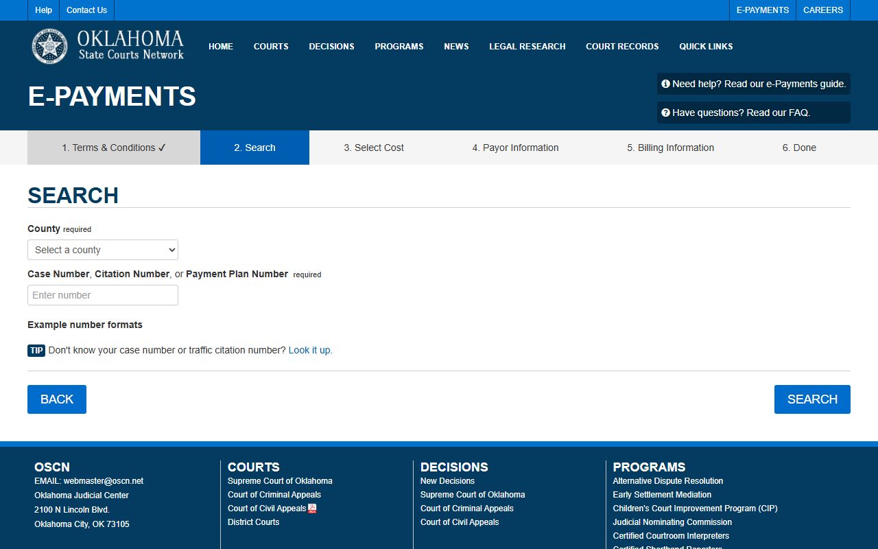 OSCN e-payments search screen used to pay Grady County traffic court dockets
