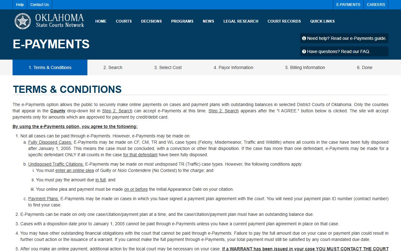 OSCN e-payments terms page covering Grady County traffic docket payment rules