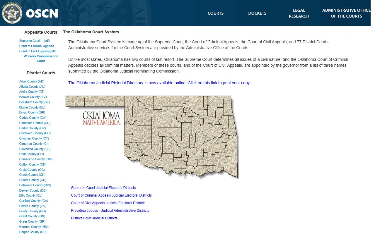 OSCN page showing the Oklahoma court structure used for Grady County court dockets