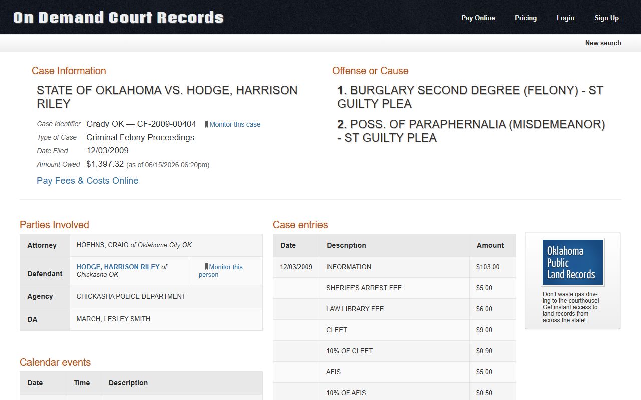 Sample Grady County criminal court records case detail