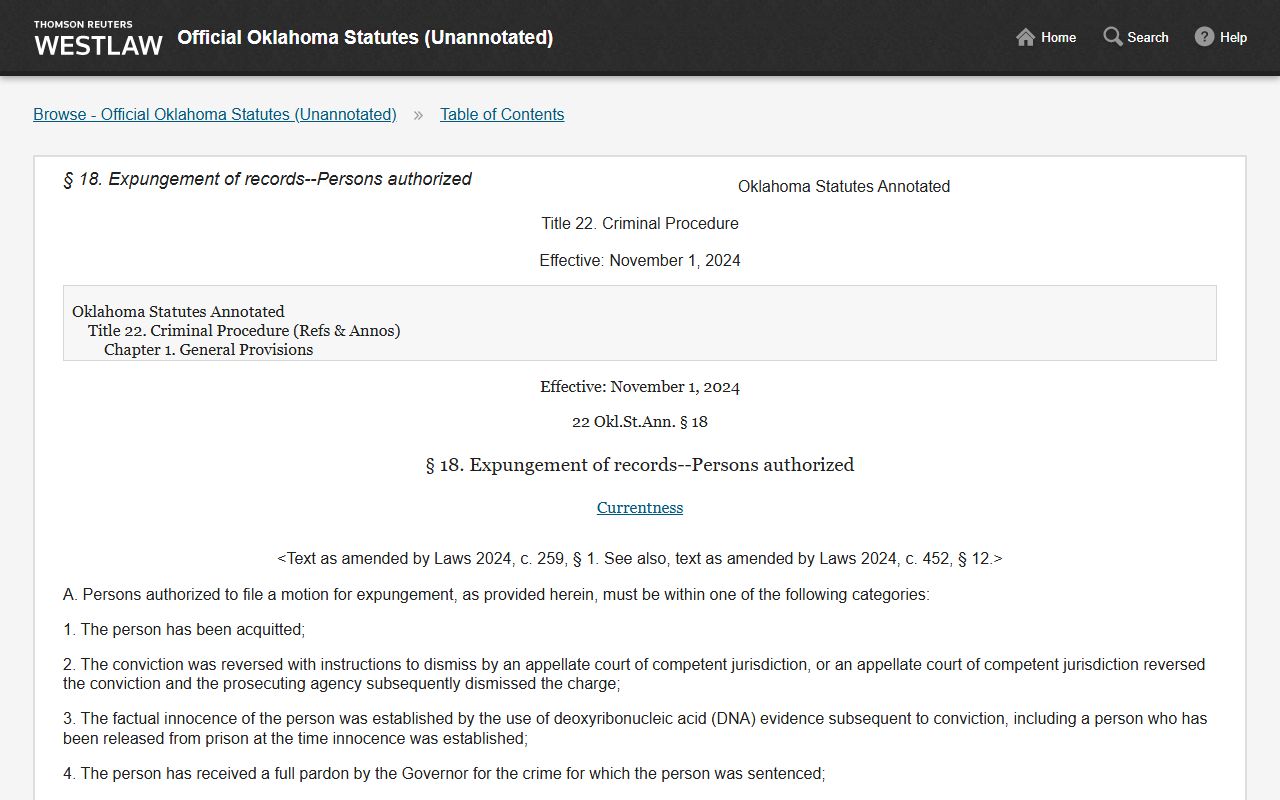 Grady County criminal court records expungement eligibility statute 22 O.S. section 18
