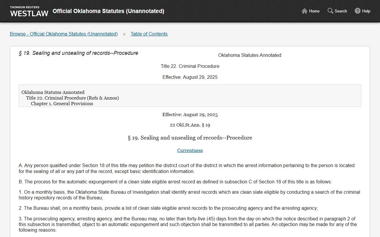 Grady County criminal court records sealing procedure statute 22 O.S. section 19