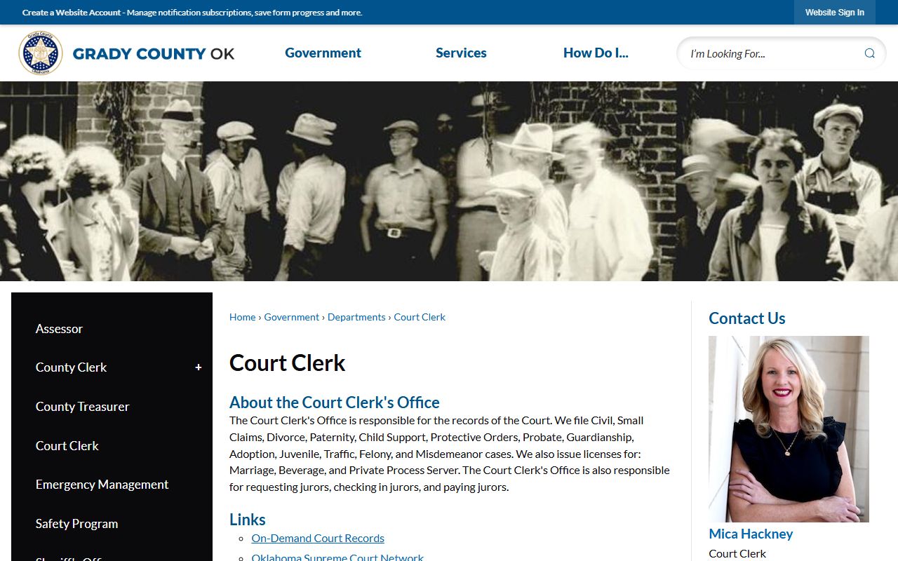 Grady County court records office and Court Clerk page