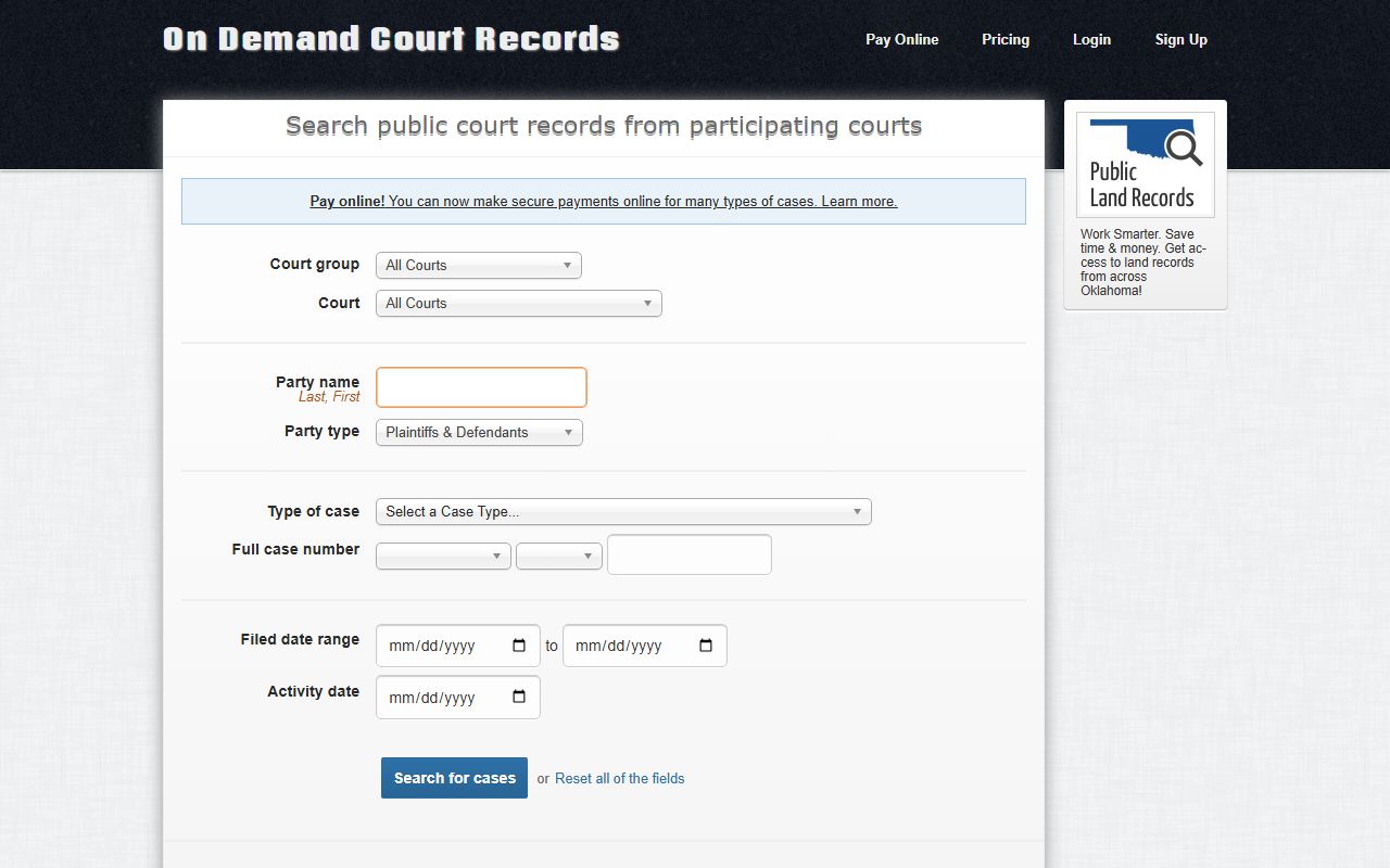 Grady County court records search on the ODCR public portal
