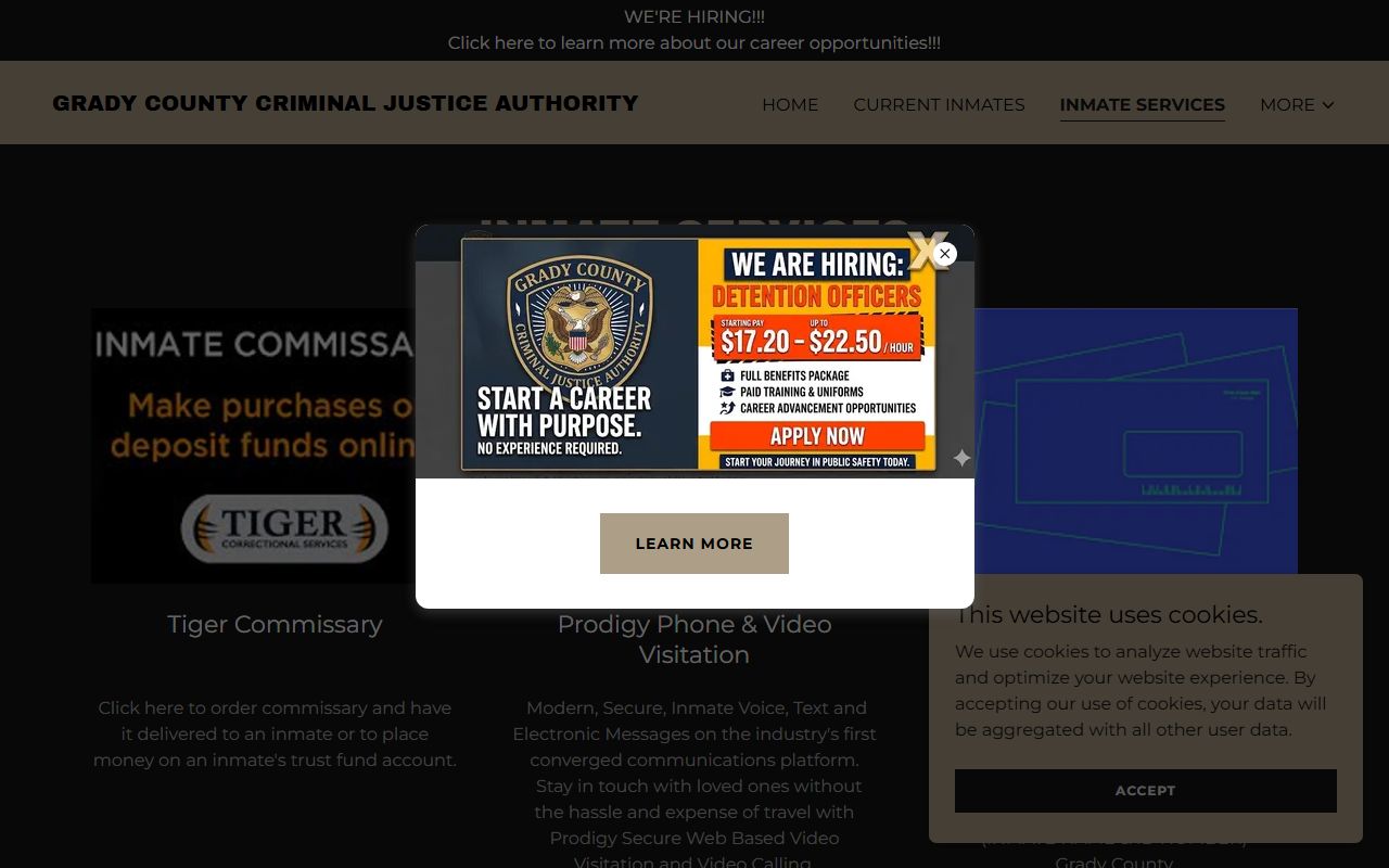 GCCJA inmate services page for Grady County jail visitation and mail