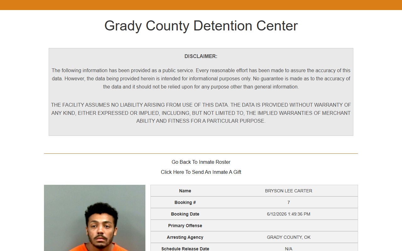 Sample Grady County inmate profile page showing booking and charge fields