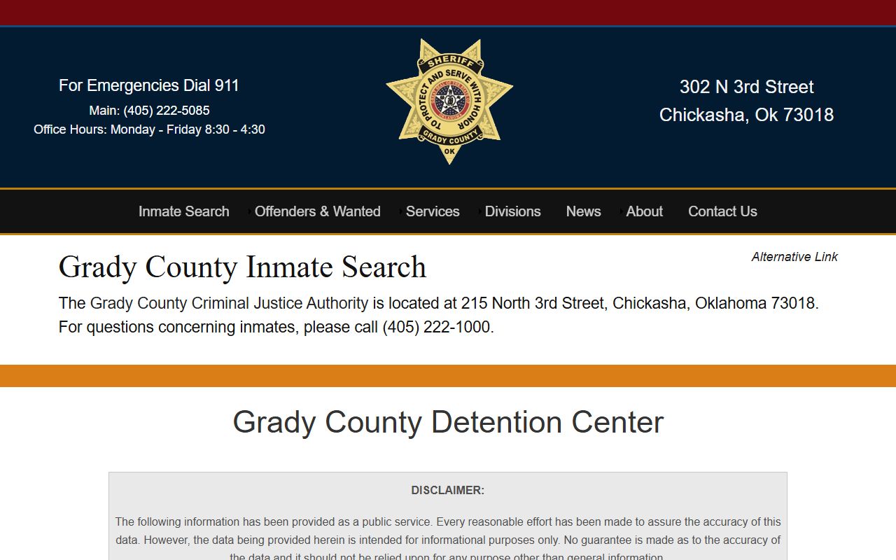Grady County Sheriff inmate search page for the jail roster