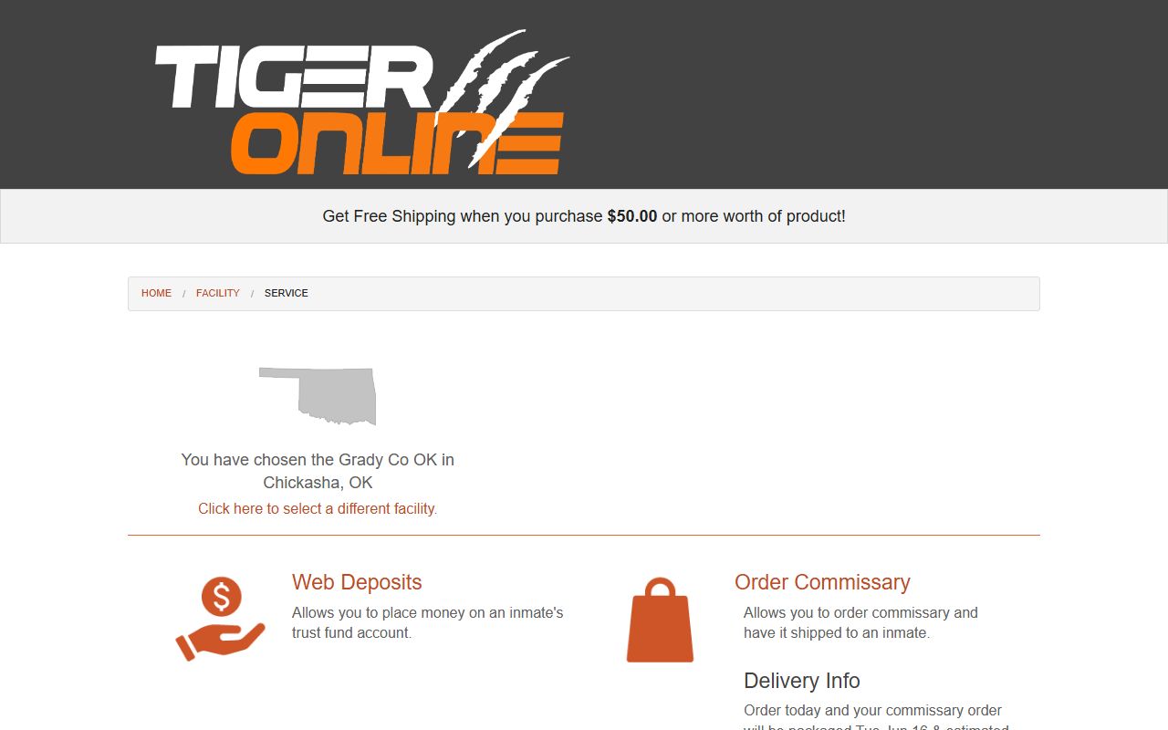 Tiger Commissary deposit and order page for Grady County jail inmates