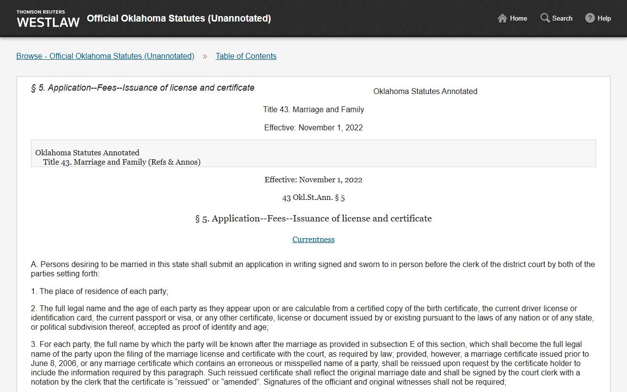 Oklahoma statute 43 O.S. Section 5 governing Grady County marriage license application and fee