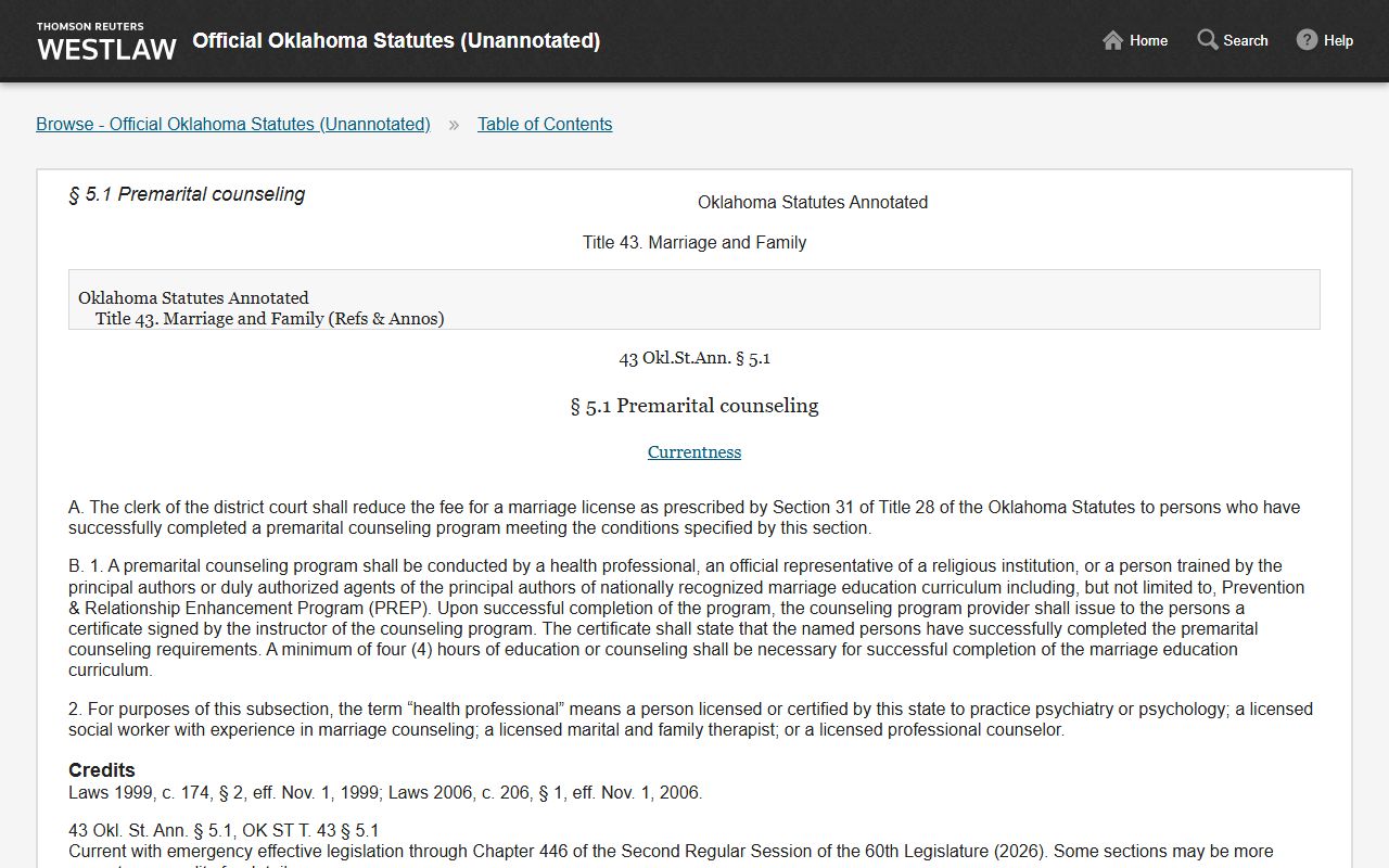 Oklahoma statute 43 O.S. Section 5.1 on premarital counseling and the reduced Grady County marriage license fee