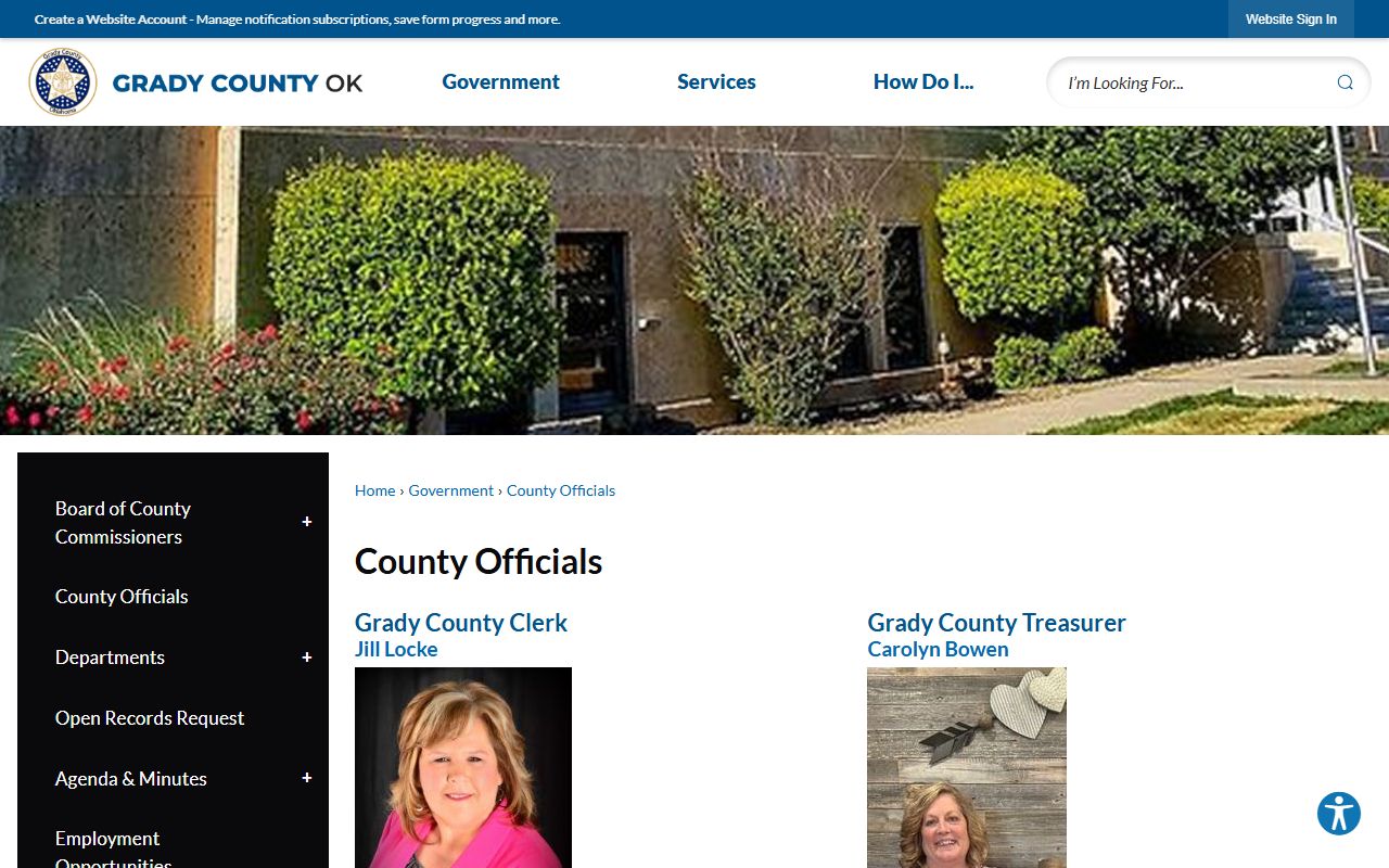 Grady County officials page listing the Court Clerk who handles marriage and divorce records