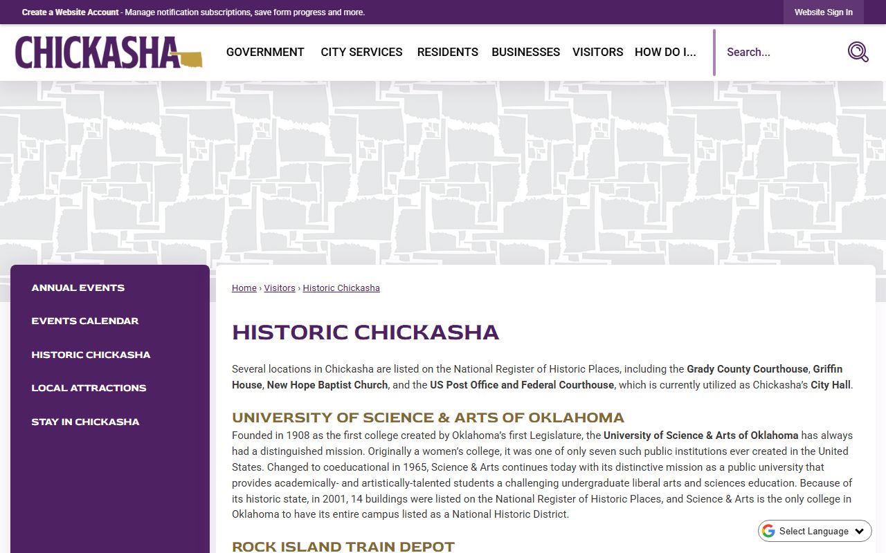 Historic Chickasha page showing the Grady County Courthouse where probate records are filed