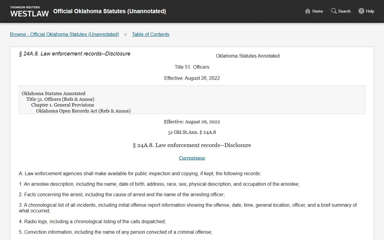 Oklahoma statute 51 O.S. 24A.8 governing Grady County warrant and law-enforcement records